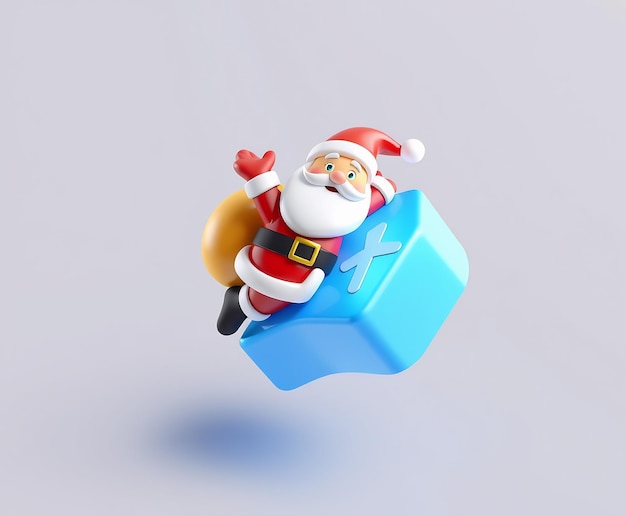 3D Santa Claus holding a bag of gifts sitting on a blue cube