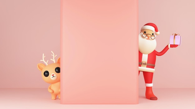 3D Santa Claus Holding Gift Box With Cute Reindeer Standing Behind Peach Board Background And Copy Space