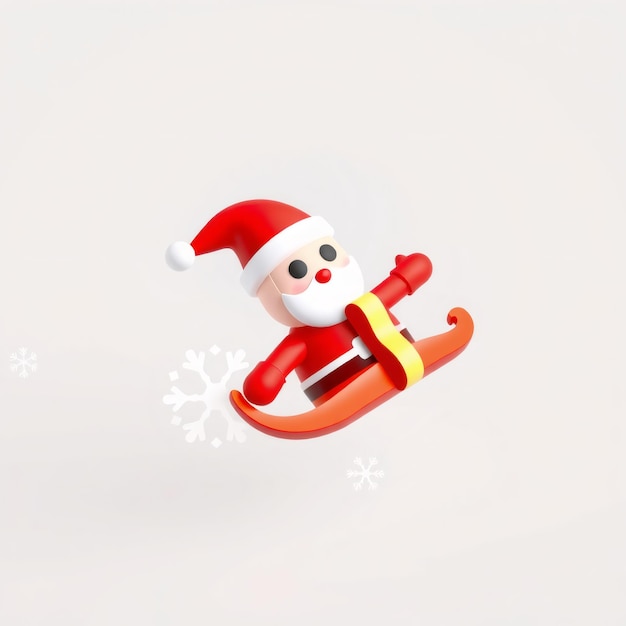 3D Santa Claus on a red sleigh with yellow stripe against a white background with snowflakes