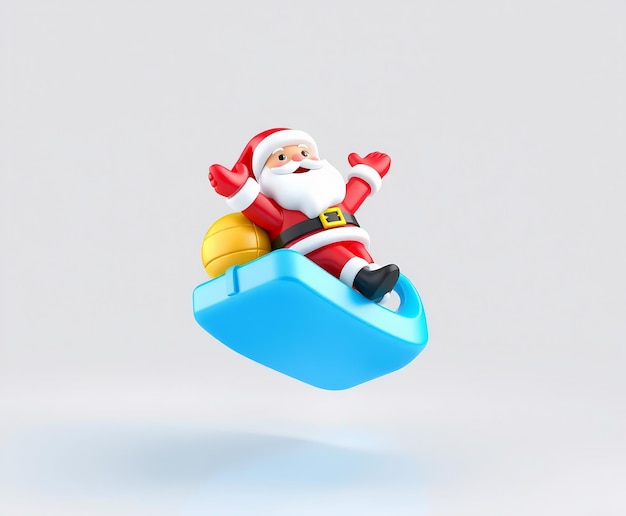 Photo 3d santa claus riding a blue sled with a yellow ball