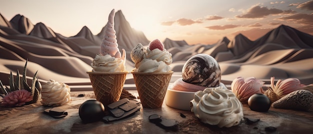 Photo 3d scene of ice cream treats and a desert landscape