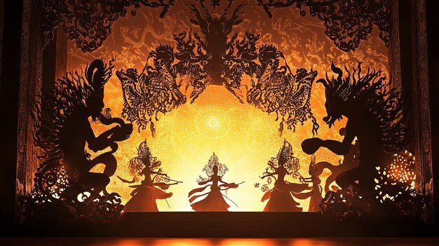 Photo a 3d scene of a javanese wayang kulit performance with intricate shadow puppets