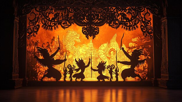 Photo a 3d scene of a javanese wayang kulit performance with intricate shadow puppets