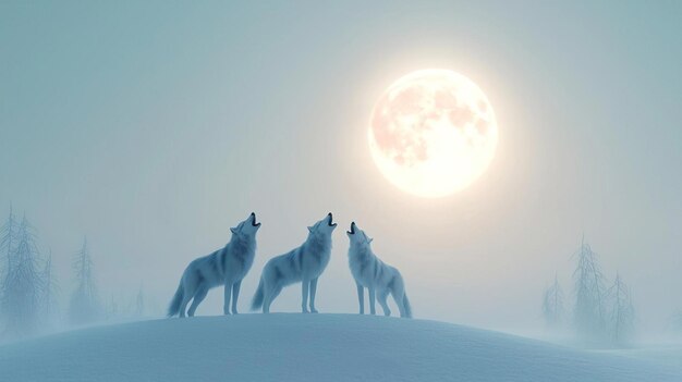 Photo a 3d scene of a pack of wolves howling under a full moon snowy landscape low light wideangle shot realistic fur and snow textures