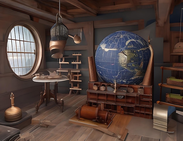 3D scene showcasing an old astronomer's observatory filled with maps and instruments