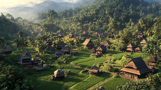 A 3D Scene of a Sumatran Village with Traditional Stilt Houses