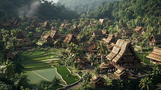 A 3D Scene of a Sumatran Village with Traditional Stilt Houses