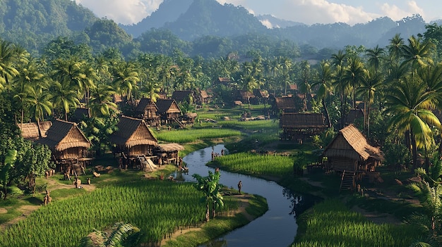 A 3D Scene of a Sumatran Village with Traditional Stilt Houses