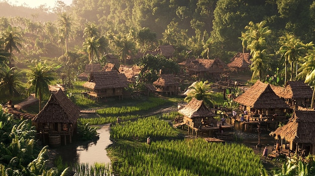 A 3D Scene of a Sumatran Village with Traditional Stilt Houses