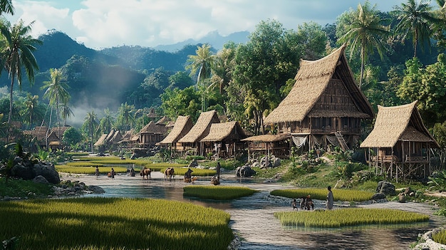 Photo a 3d scene of a sumatran village with traditional stilt houses