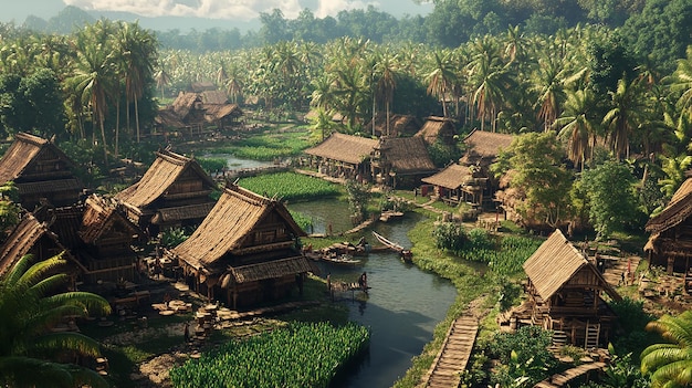 Photo a 3d scene of a sumatran village with traditional stilt houses