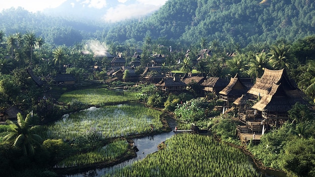 Photo a 3d scene of a sumatran village with traditional stilt houses