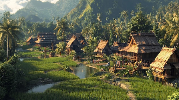 A 3D Scene of a Sumatran Village with Traditional Stilt Houses