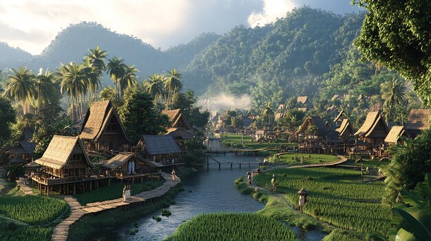 A 3D Scene of a Sumatran Village with Traditional Stilt Houses