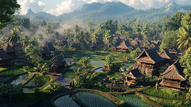 Photo a 3d scene of a sumatran village with traditional stilt houses