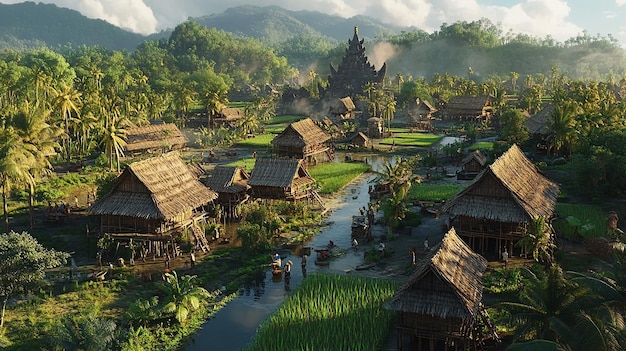 A 3D Scene of a Sumatran Village with Traditional Stilt Houses