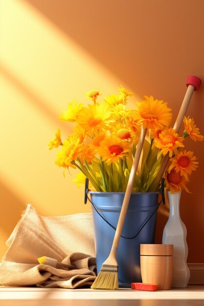 a 3D scene symbolizing spring cleaning with items like a broom a bucket and cleaning cloths