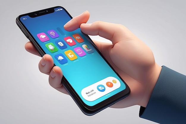 a 3D scene where a cartoon man s hand is interacting with a smartphone featuring a realistic