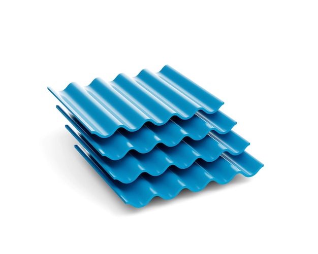 3d Sea Blue Metallic Stacks Of Corrugated Galvanised Iron For Roof Sheets 3d Illustration