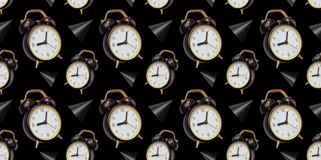 3d seamless pattern of black retro alarm clock with arrow and abstract cone on black color background for poster banner print