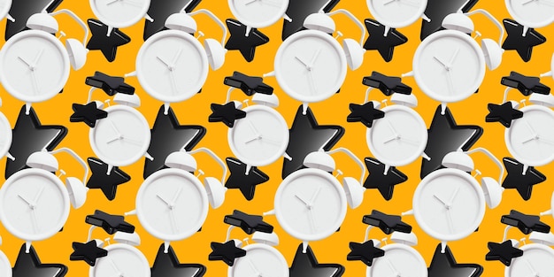 3d seamless pattern of white retro alarm clock with black star