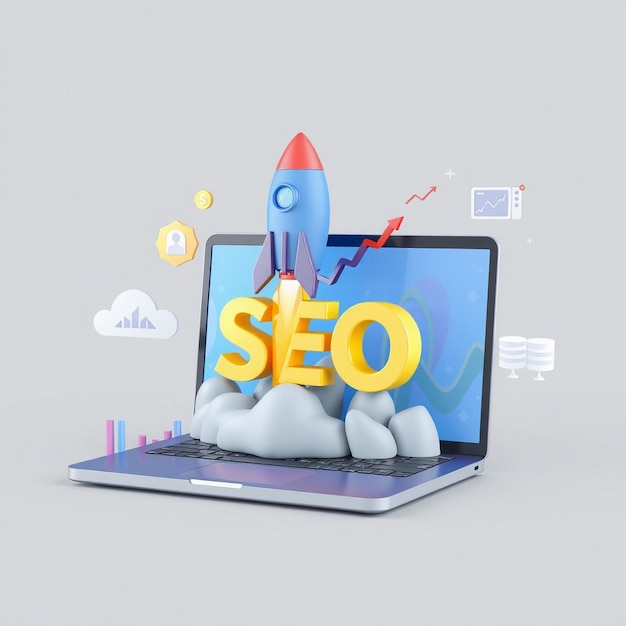 Photo 3d seo optimization rocket icon for web analytics and social media strategy