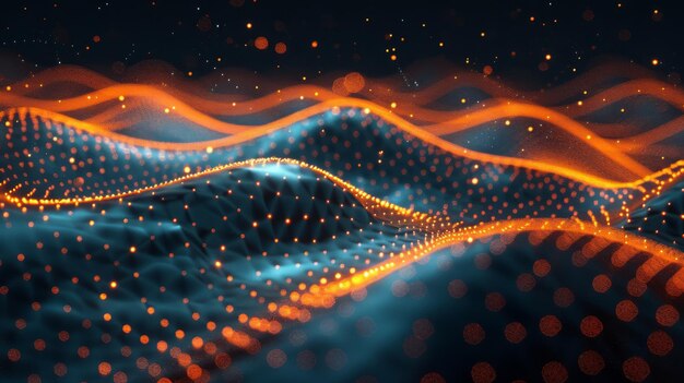 3d Serene Abstract Composition of Luminous Dots and Curved Wavy Lines Against Dark Background