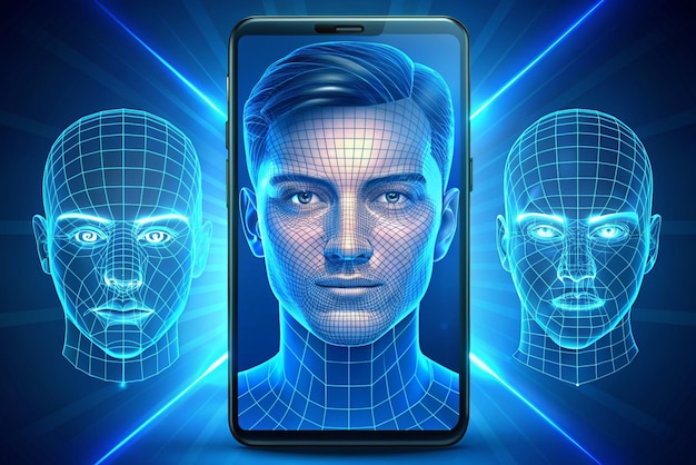 Photo 3d set of face recognition illustration concept of facial recognition face id system biometric identification face scan system cyber security concept modern vector