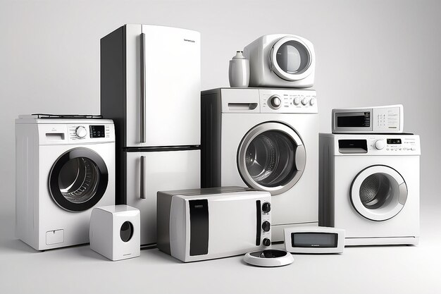 Photo 3d set of home appliances on white background