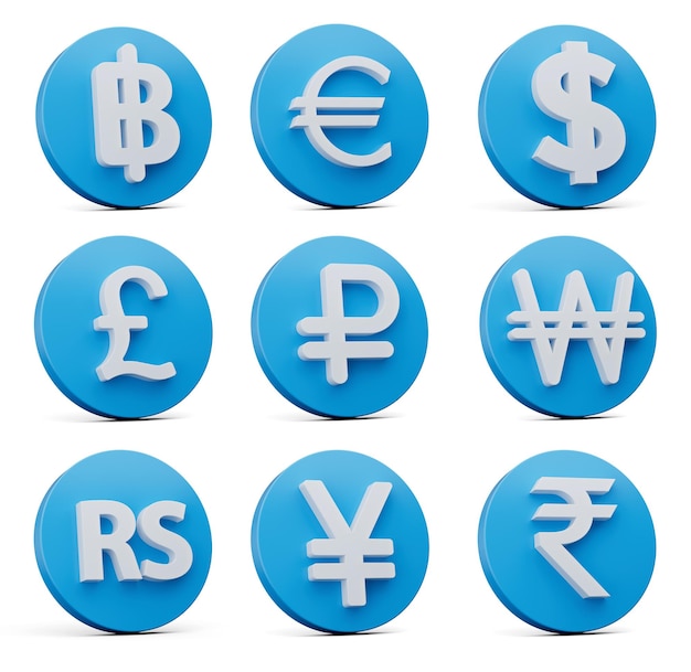 Photo 3d set of nine white currency symbol with rounded blue icons on white background 3d illustration