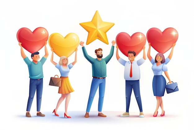 Photo 3d set of persons with hearts and stars customer feedback score social media concept symbol of love online feedback survey or review concept trendy and modern vector in 3d style