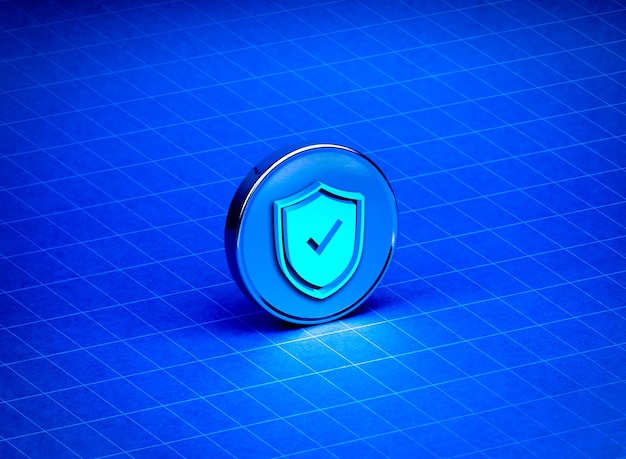 3d shield padlock on round chrome button isolated on dark blue background with white grid line as digital cyberspace network connection structure Cyber security data protection technology concepts