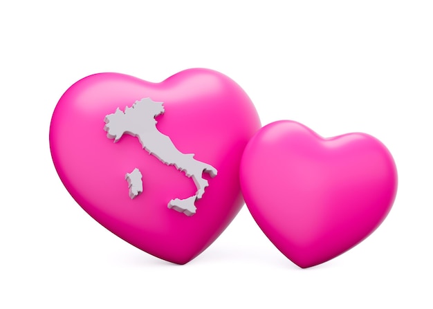 3d Shiny Pink Hearts With 3d White Map Of Italy Isolated On White Background 3d illustration