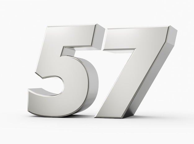 3d Shiny Silver Number 57 Fifty Seven 3d Silver Number Isolated On White Background 3d illustration