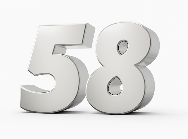 3d Shiny Silver Number 58 Fifty Eight 3d Silver Number Isolated On White Background 3d illustration