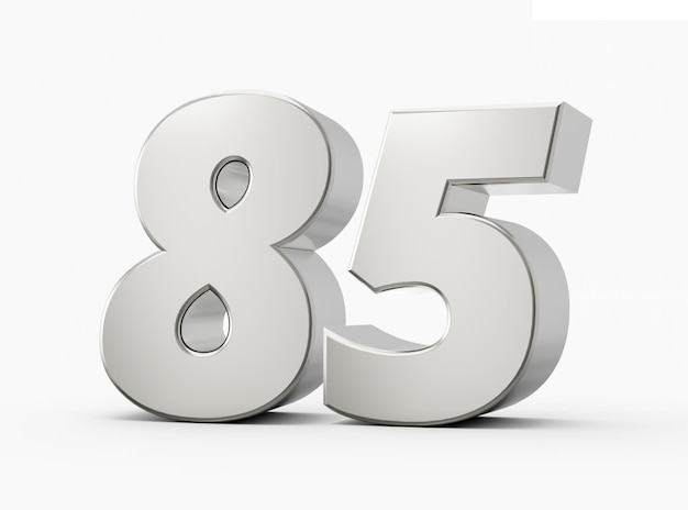 3d Shiny Silver Number 85 Eighty Five 3d Silver Number Isolated On White Background 3d illustration