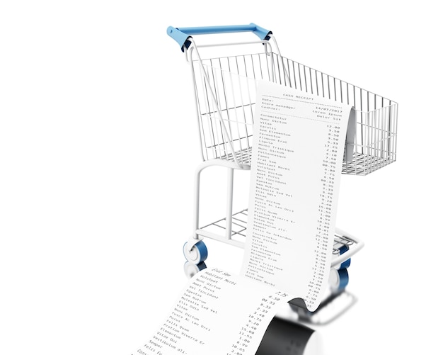 Photo 3d shopping cart with cash receipt