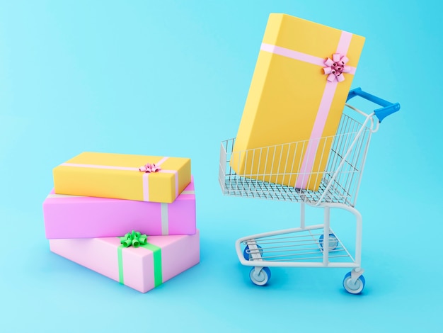 3d Shopping cart with gift boxes.