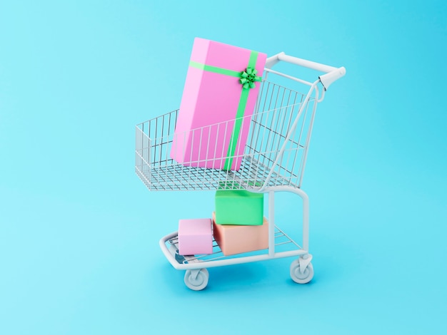 3d Shopping cart with gift boxes.