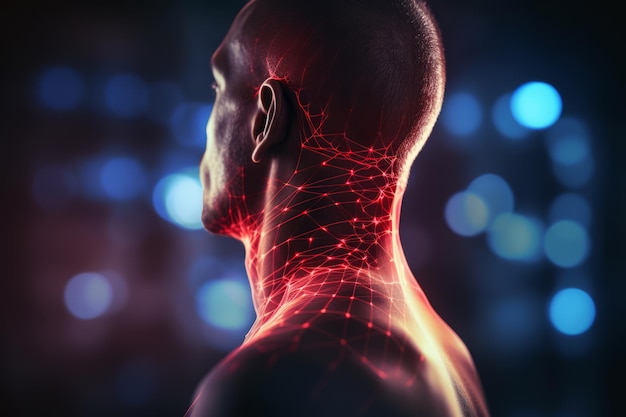 3D side image of human head with luminous neck network muscle activity and flashes on black background Neck movement processes neural connections Physical health neck diseases concept