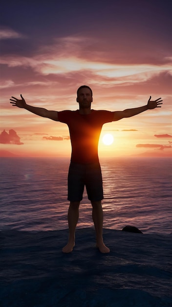 3d silhouette of a man with arms rsed agnst a sunset ocean landscape