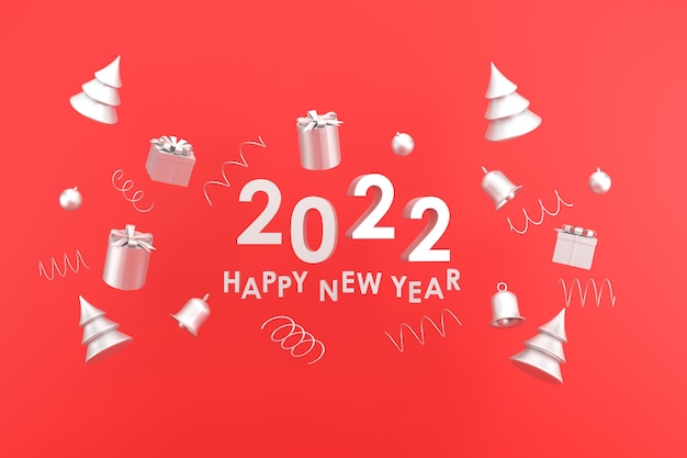 3D. silver color happy new year 2022 and christmas. gift box, bell on red background