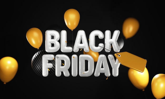 3D Silver Inflatable Black Friday Text With Empty Tag Realistic Balloons And Sphere On Black Background