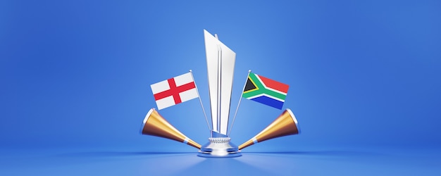 3D Silver Winning Trophy With Participating Countries Flags Of England VS South Africa And Golden Vuvuzela On Blue Background.