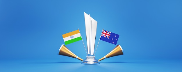 3D Silver Winning Trophy With Participating Teams Flags Of India VS New Zealand, Golden Vuvuzela And Copy Space.