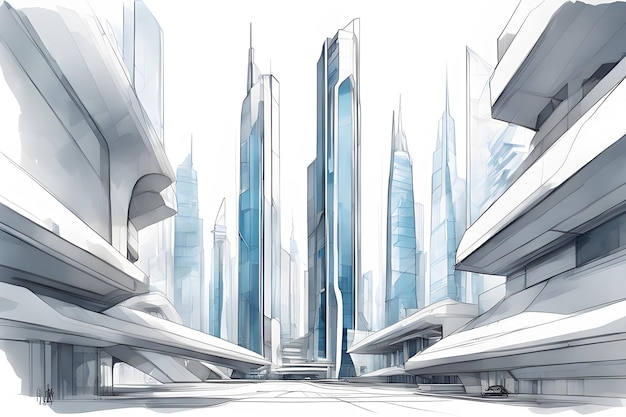 3d simple sketch wide view futuristic skyscraper city design related cartoon generative ai