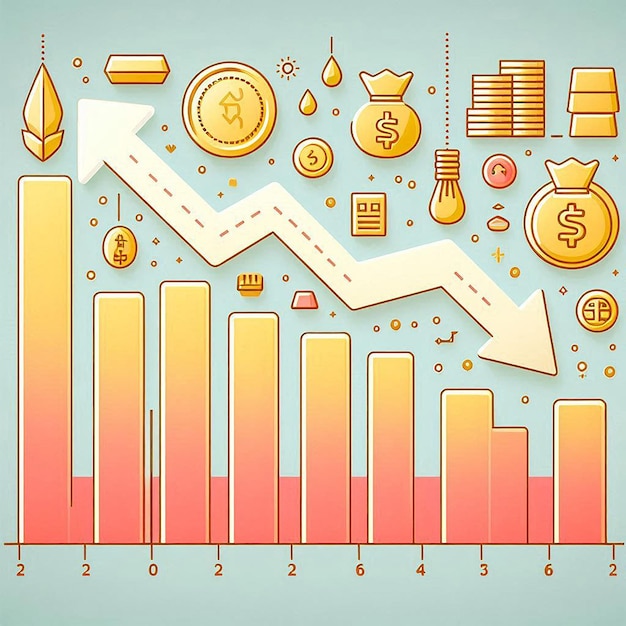 Photo 3d simplified icons of downward trending arrows over a bar graph clear pastel background depicting