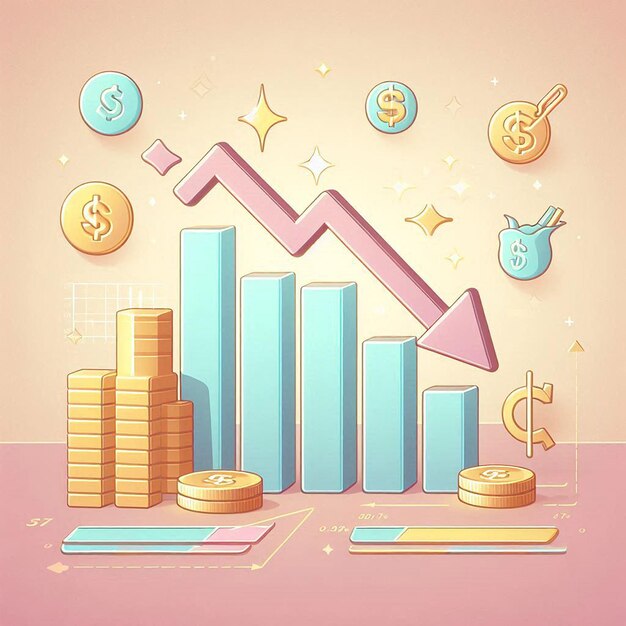 3D Simplified icons of downward trending arrows over a bar graph clear pastel background depicting