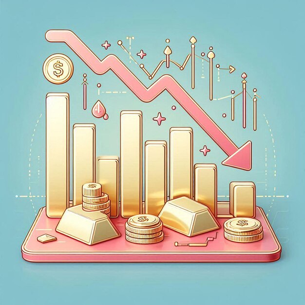 3D Simplified icons of downward trending arrows over a bar graph clear pastel background depicting