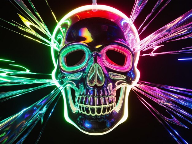 Photo 3d skull shape glowing with bright holographic colors